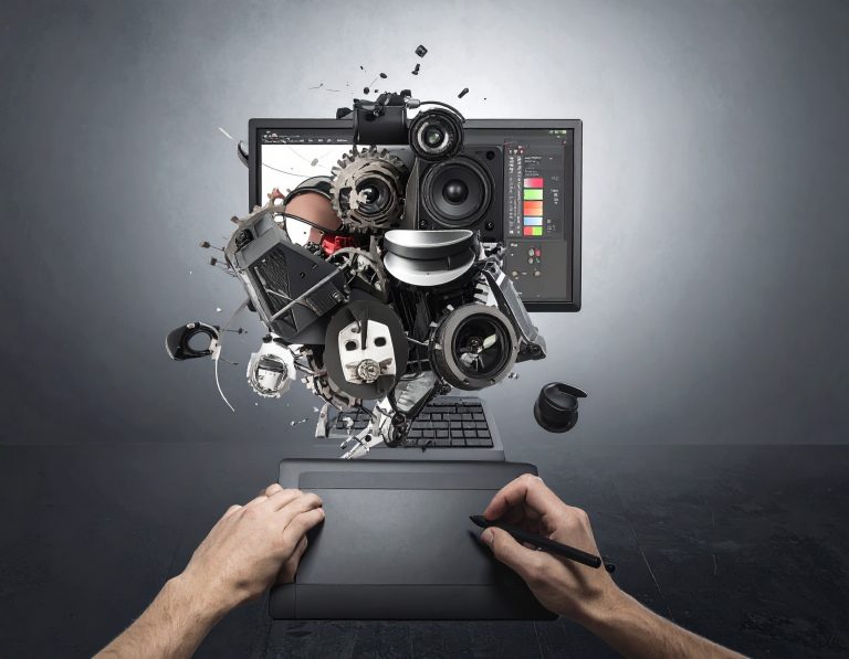 A man designing content on a computer screen, visual art coming out of the screen