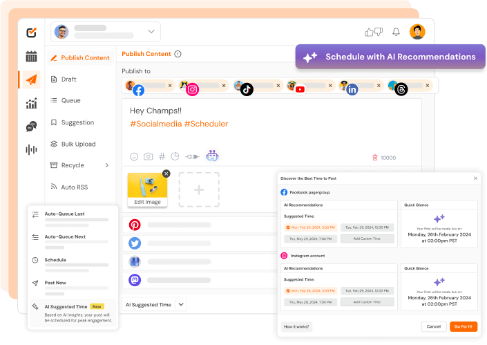 SOcial Champ dashboard, CSV file option on the screen to upload
