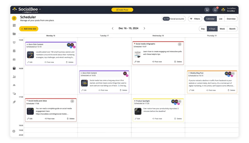 SocialBee calendar interface dashboard