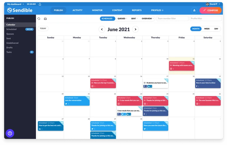 Sendible Reporting dashboard calendar
